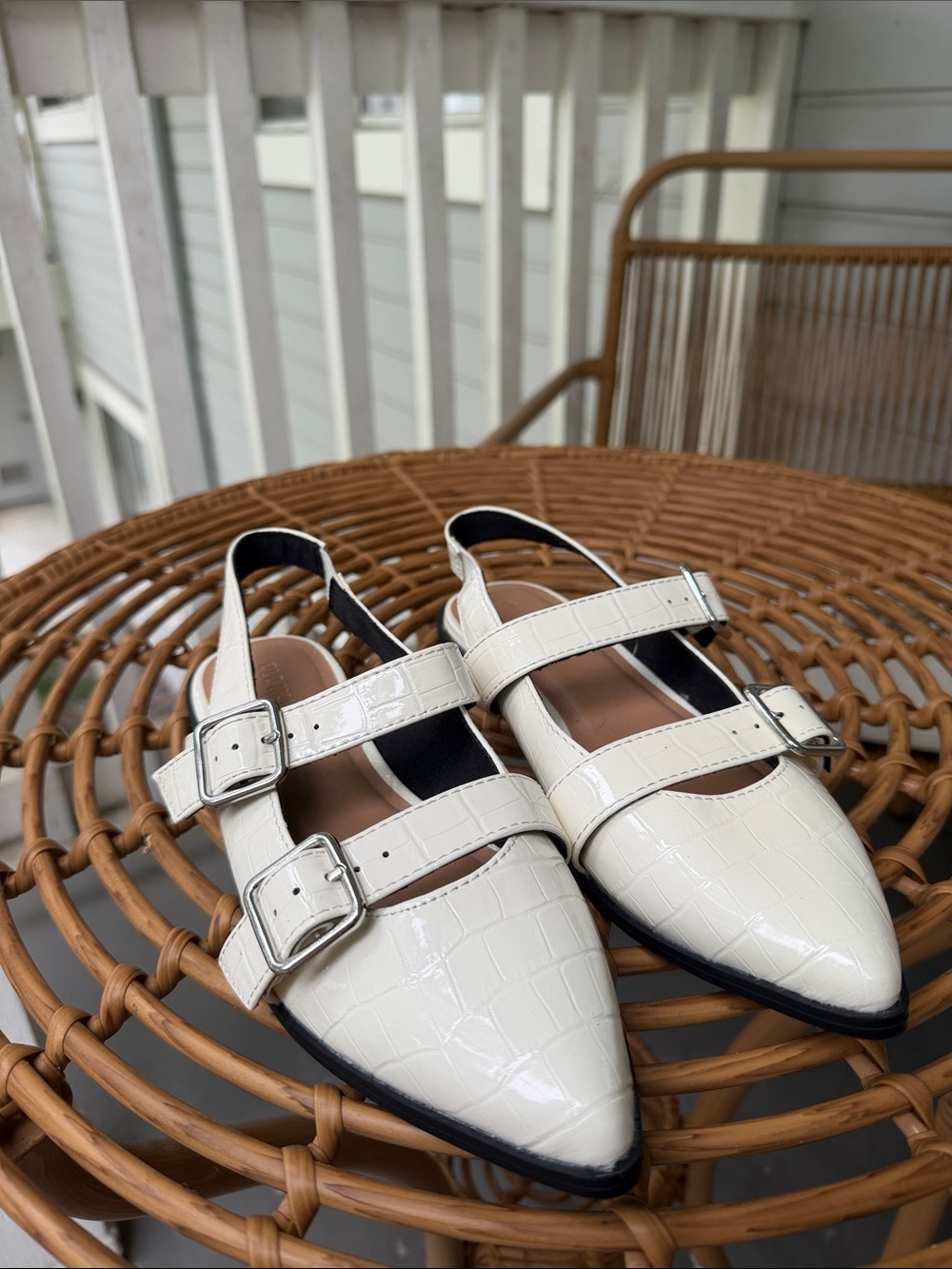 White Croc-Embossed Pointed Slingback Flats with Dual Buckles